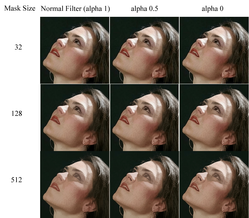 Filtering a portrait image at various mask sizes and alpha parameter values